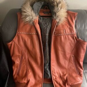 Pelle Pelle Rust Leather Vest with Fur Trim